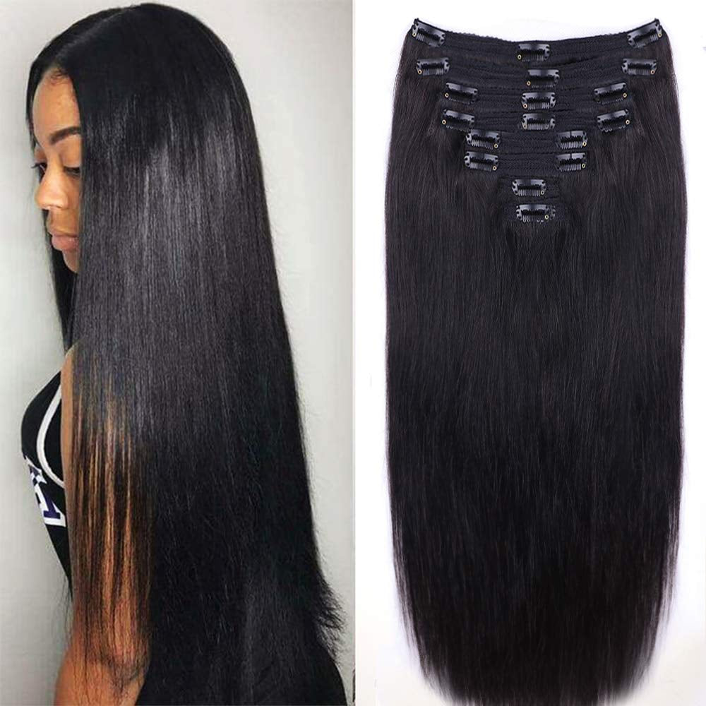 CanaryFly Straight Human Hair Clip in Hair Extensions for Black Women 100% Unprocessed Full Head Brazilian Virgin Hair Natural Black Color