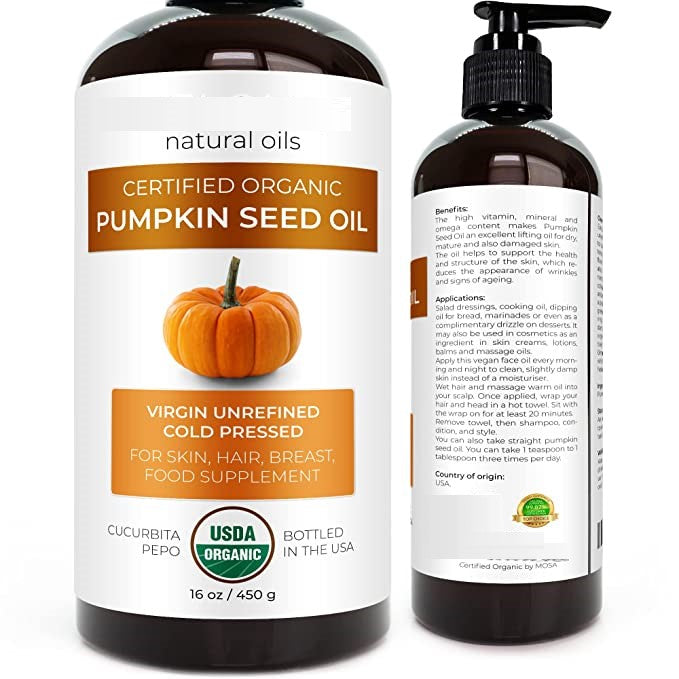 Pumpkin Seed Oil USDA Certified Organic - 16 oz | 100% Pure and Natural Carrier Oil | Unrefined, Cold Pressed | Cooking, Face, Hair, Body & Skin Care | Organic Hair Growth Serum - Brilliance 