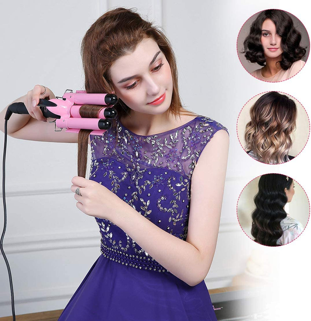 3 Barrel Curling Iron with LCD Temperature Display - 1 Inch Ceramic Tourmaline Triple Barrels, Ceramic Hair Crimper Hair Waver Hair Curlers Hair Curling Wand for Deep Waves Suit for All Style