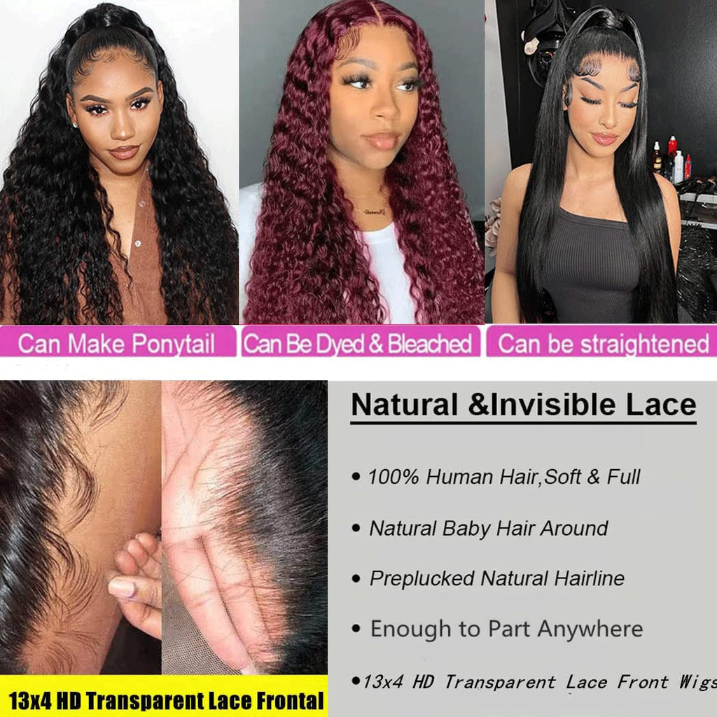24 Inch Water Wave Transparent Lace Front Wigs Human Hair Wigs for Black Women 13X4 Water Wave Frontal Wig Brazilian Virgin Human Hair Wet and Wavy Lace Front Wigs Human Hair 180 Density Natural Color