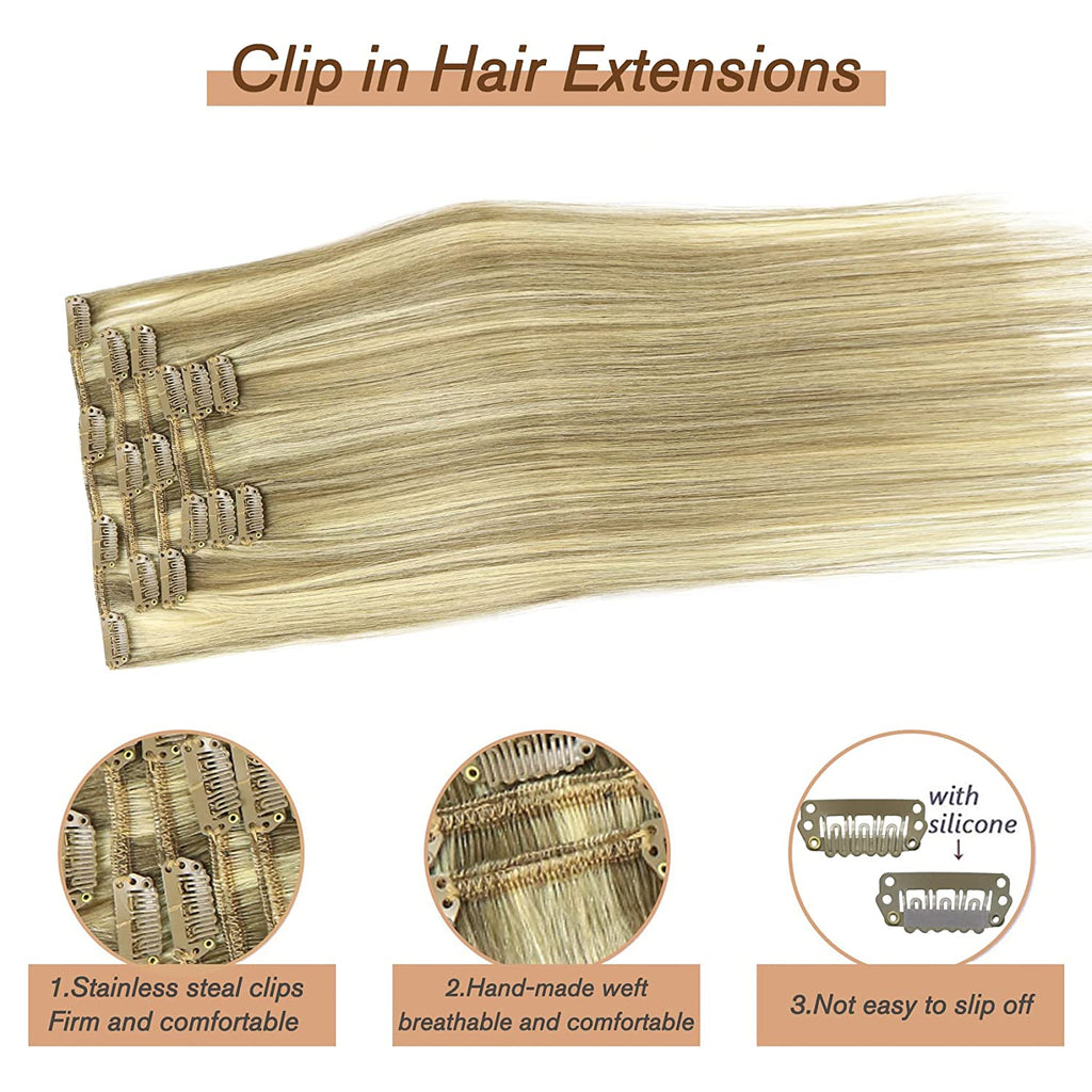 Clip in Hair Extensions Real Human Hair,  Real Human Hair Balayage Hair Extensions Mixed Bleach Blonde 12Inch 70G 7Pcs Straight Silky Blonde Hair Extensions for Women Natural Hair(12"#18613)