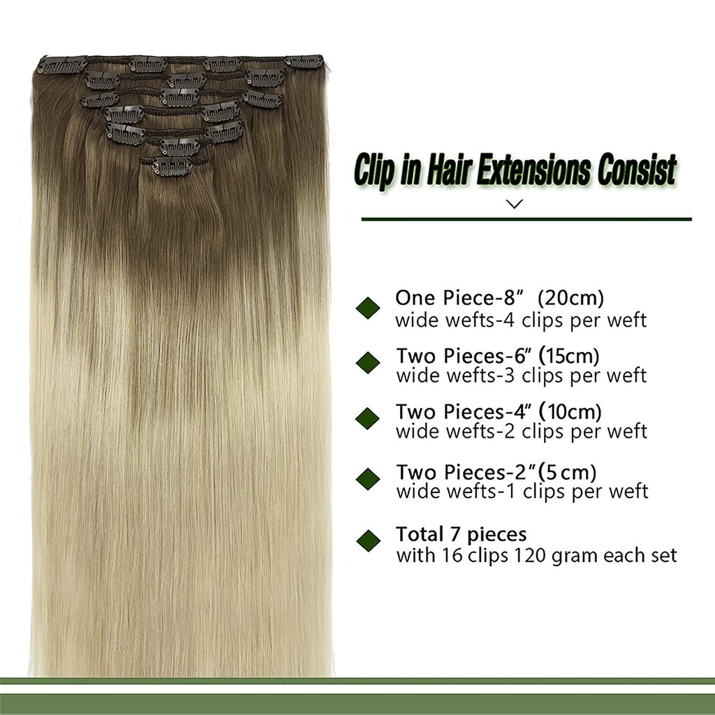 GOO GOO Clip-In Hair Extensions for Women, Soft & Natural, Handmade Real Human Hair Extensions, Ombre Ash Brown to Platinum Blonde, Long, Straight #T9/60, 7Pcs 120G 20 Inches