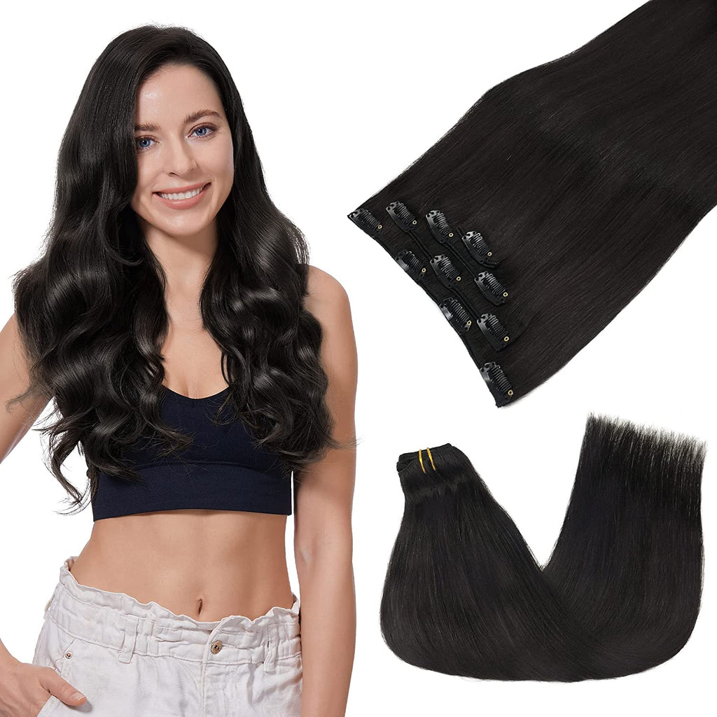 GOO GOO Hair Extensions Clip in Hair Extensions, 100% Real Human Hair, 65G 4Pcs Natural Silky Straight Hair Extensions, Long Hair for Women, Natural Black #1B 16Inch