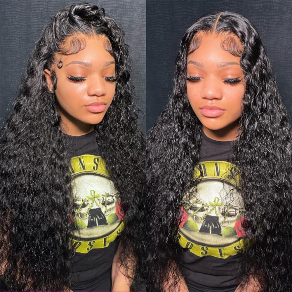 Maxine 34 Inch 13X4 HD Water Wave Lace Front Wigs Human Hair Wigs for Women 180% Density Transparent Lace Frontal Wigs Human Hair Pre Plucked with Baby Hair Brazilian Long Glueless Wigs Natural Color