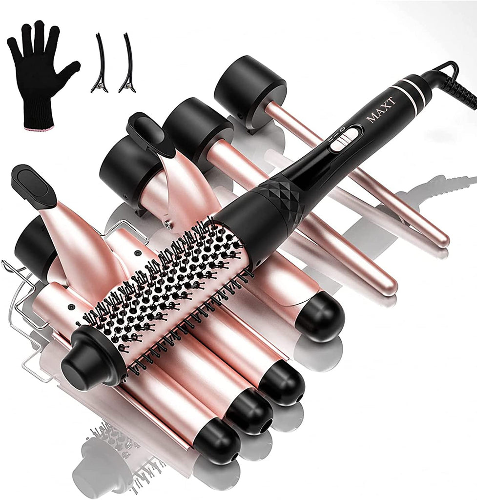 Curling Iron Set 5 in 1, Curling Wand Set Interchangeable Triple Barrel Curling Iron and Curling Brush Ceramic Barrel Wand Curling Iron(0.35”-1.25”) (Pink)