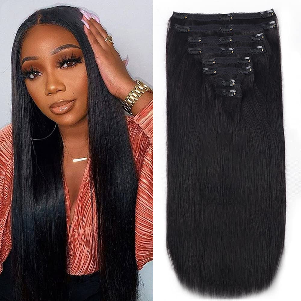 Straight Clip in Hair Extensions for Black Women Brazilian Human Hair Extensions 8Pcs Remy Hair Extensions Clip in Human Hair with 18Clips Double Lace Weft 120G (18Inch, Natural Black)