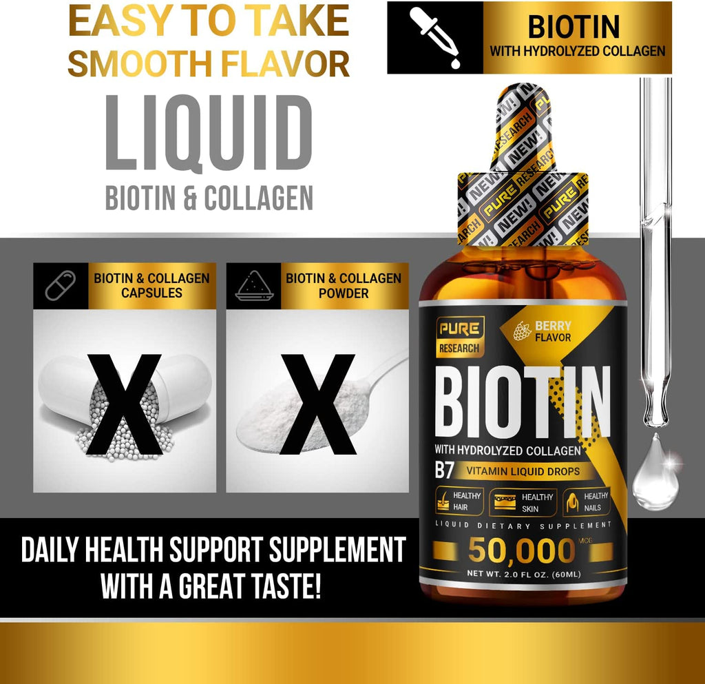 Liquid Biotin & Collagen Hair Growth Drops 50,000Mcg – Biotin and Liquid Collagen Supplements for Women & Men – Supports Glowing Skin, Healthy Hair & Nail Growth (2Fl Oz)