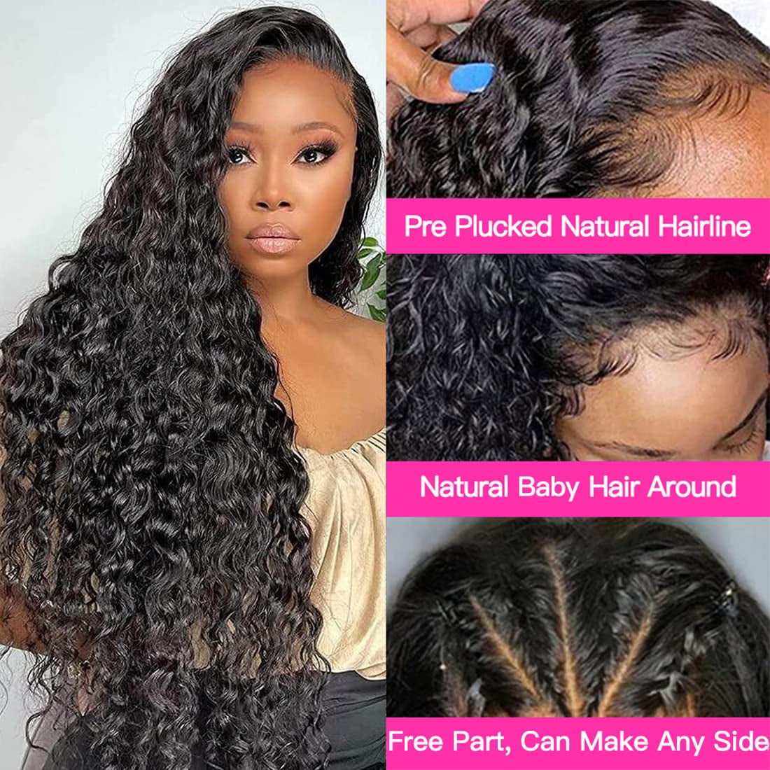 Lace Front Wigs Human Hair Water Wave Wigs for Black Women Human Hair 13X4 Lace Front Wigs Glueless Wigs Pre Plucked with Baby Hair HD Transparent Lace Frontal Wigs Wet and Wavy Brazilian Virgin Wigs Curly Lace Front Wig Natural Color 180% Density 28 Inch
