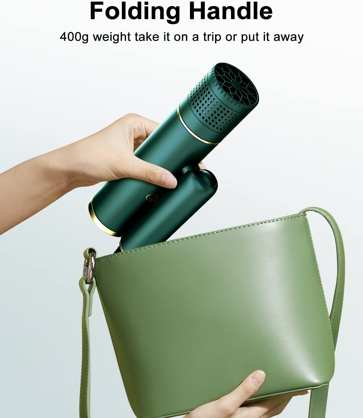 Fast-Drying Hair Dryer, Foldable Ionic Blow Dryer with Storage Bag for Travel, Lightweight Portable Hairdryer for Women & Men, Negative Hair Blow Dryer, 2 Heating/Cold/2 Speed Settings, Green