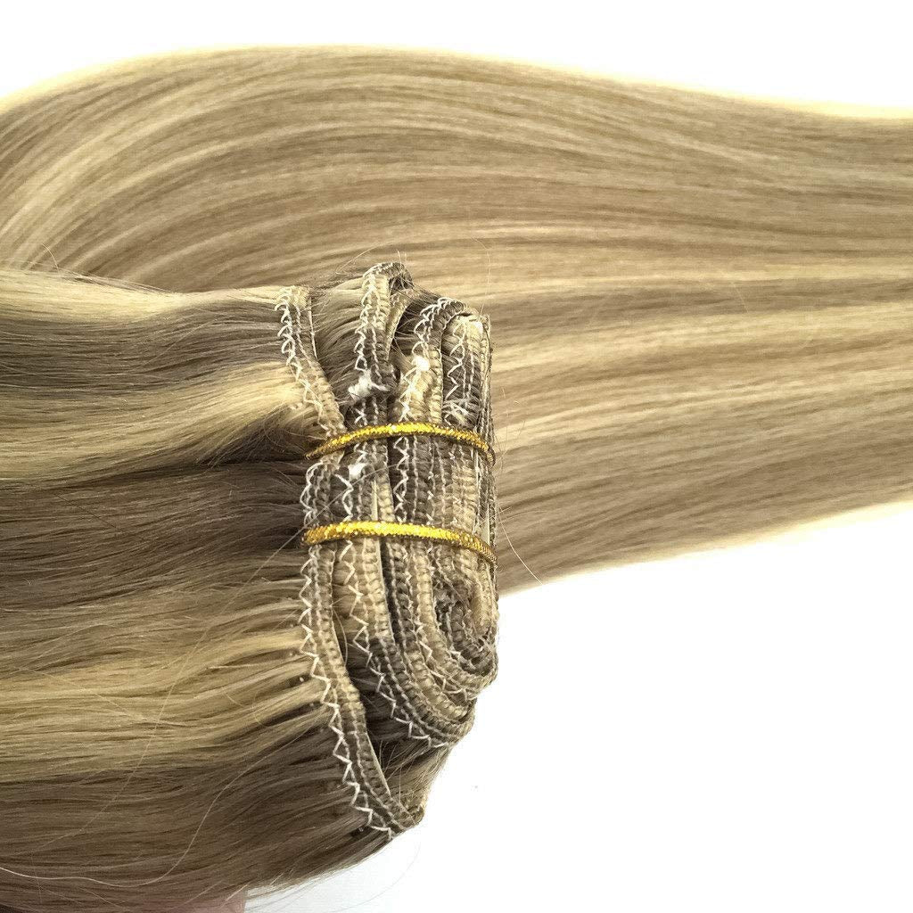 GOO GOO Clip-In Hair Extensions for Women, Soft & Natural, Handmade Real Human Hair Extensions,Light Blonde Highlighted Golden Blonde, Long, Straight #(P16/22) , 7Pcs 120G 18 Inches