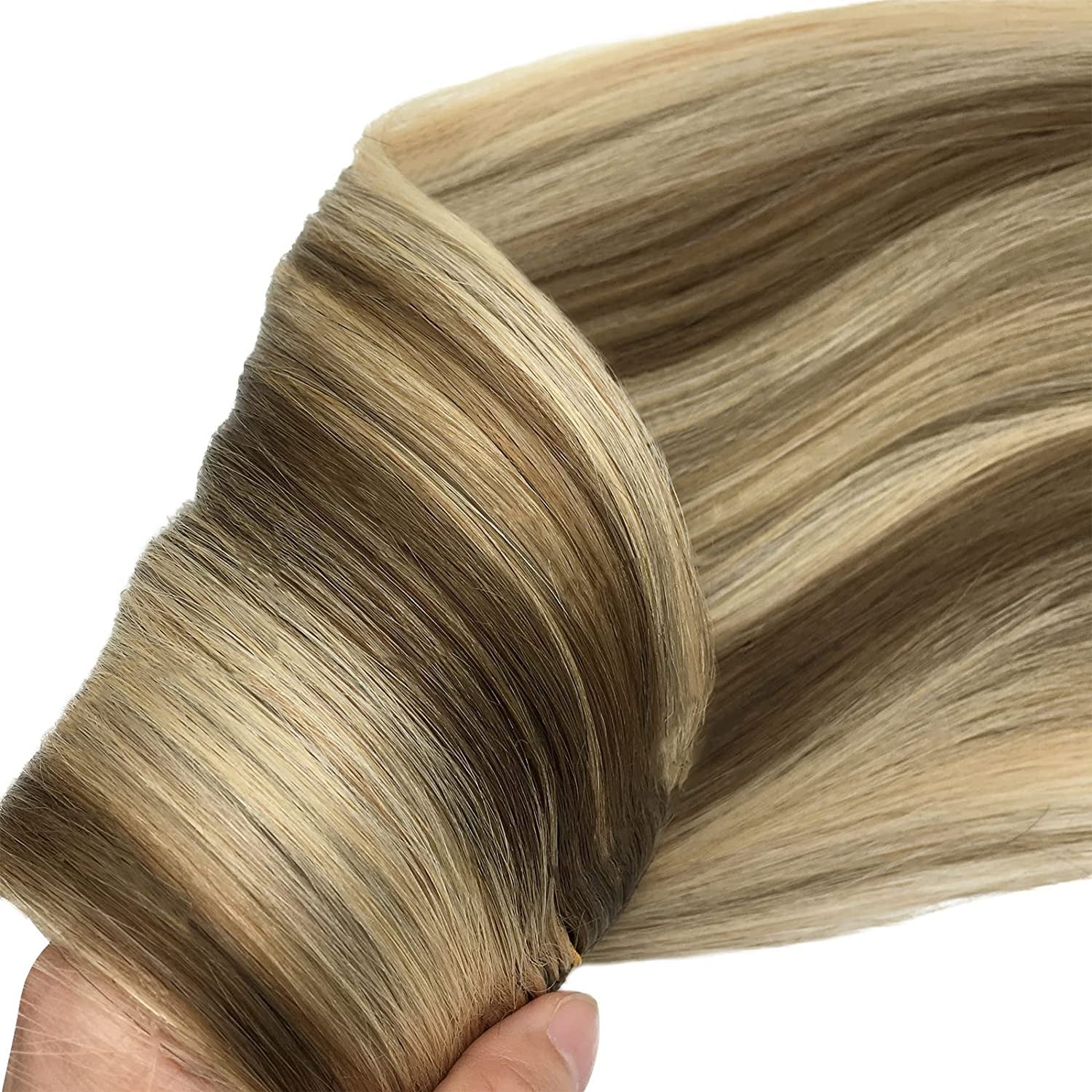 GOO GOO Hair Extensions 7Pcs 120G 20 Inch Medium Brown Highlighted Golden Blonde Clip in Hair Extensions Real Human Hair Natural Hair Clip in Extensions Straight Hair Extensions