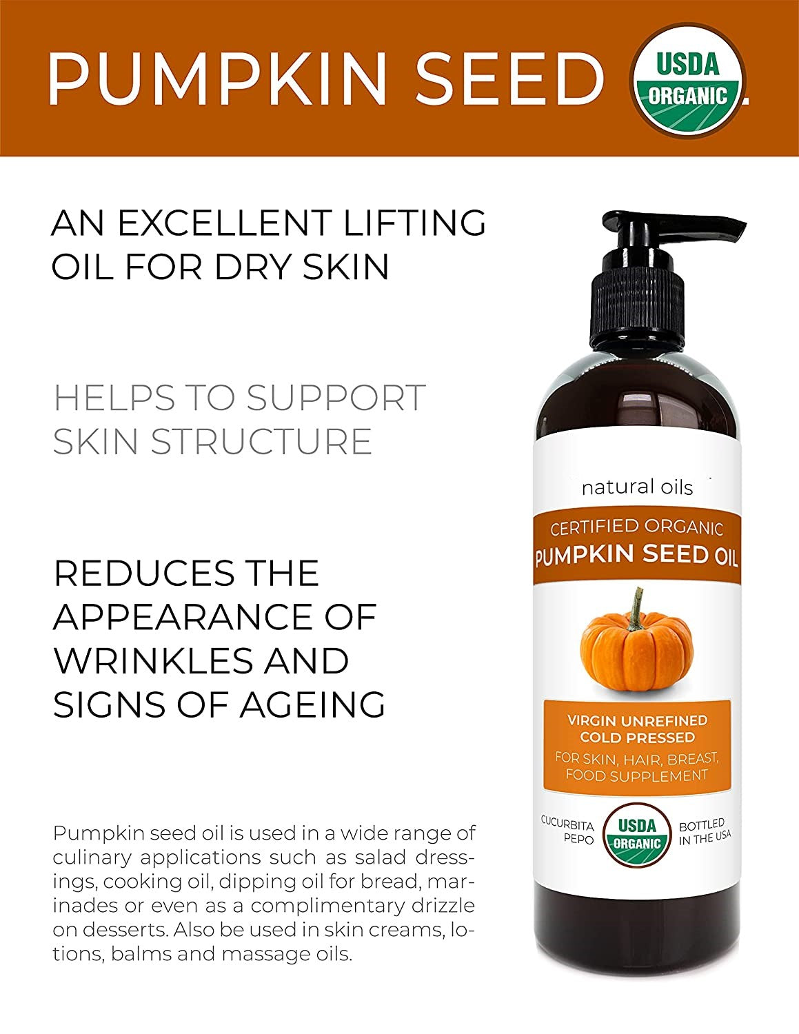 Pumpkin Seed Oil USDA Certified Organic - 16 oz | 100% Pure and Natural Carrier Oil | Unrefined, Cold Pressed | Cooking, Face, Hair, Body & Skin Care | Organic Hair Growth Serum - Brilliance 