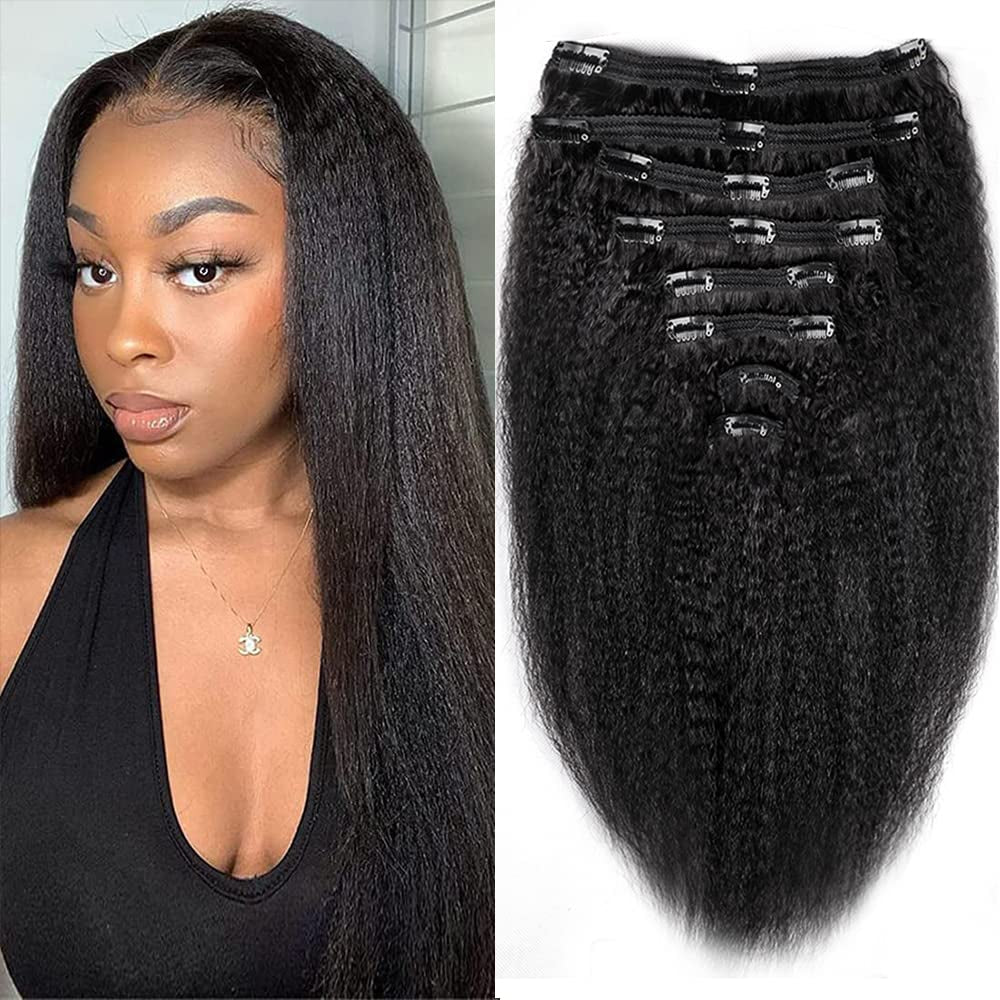 Tahikie Kinky Straight Clip in Hair Extensions Real Human Hair Clip Ins Full Head for Black Women Brazilian Remy Yaki Human Hair Natural Black Color 8 Pcs 18 Clips 120 G(16 Inch, Kinky Straight)