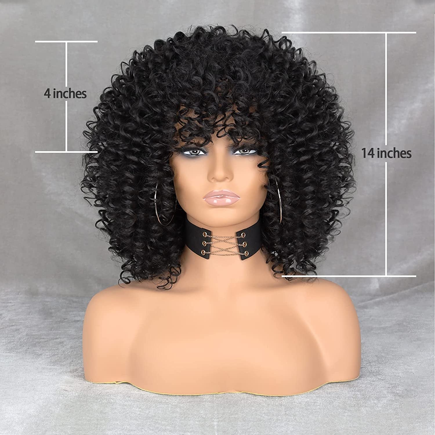 Xinran Black Curly Afro Wig for Women, Kinky Black Curly Wigs for Women, Natural Synthetic Curly Wig with Bangs