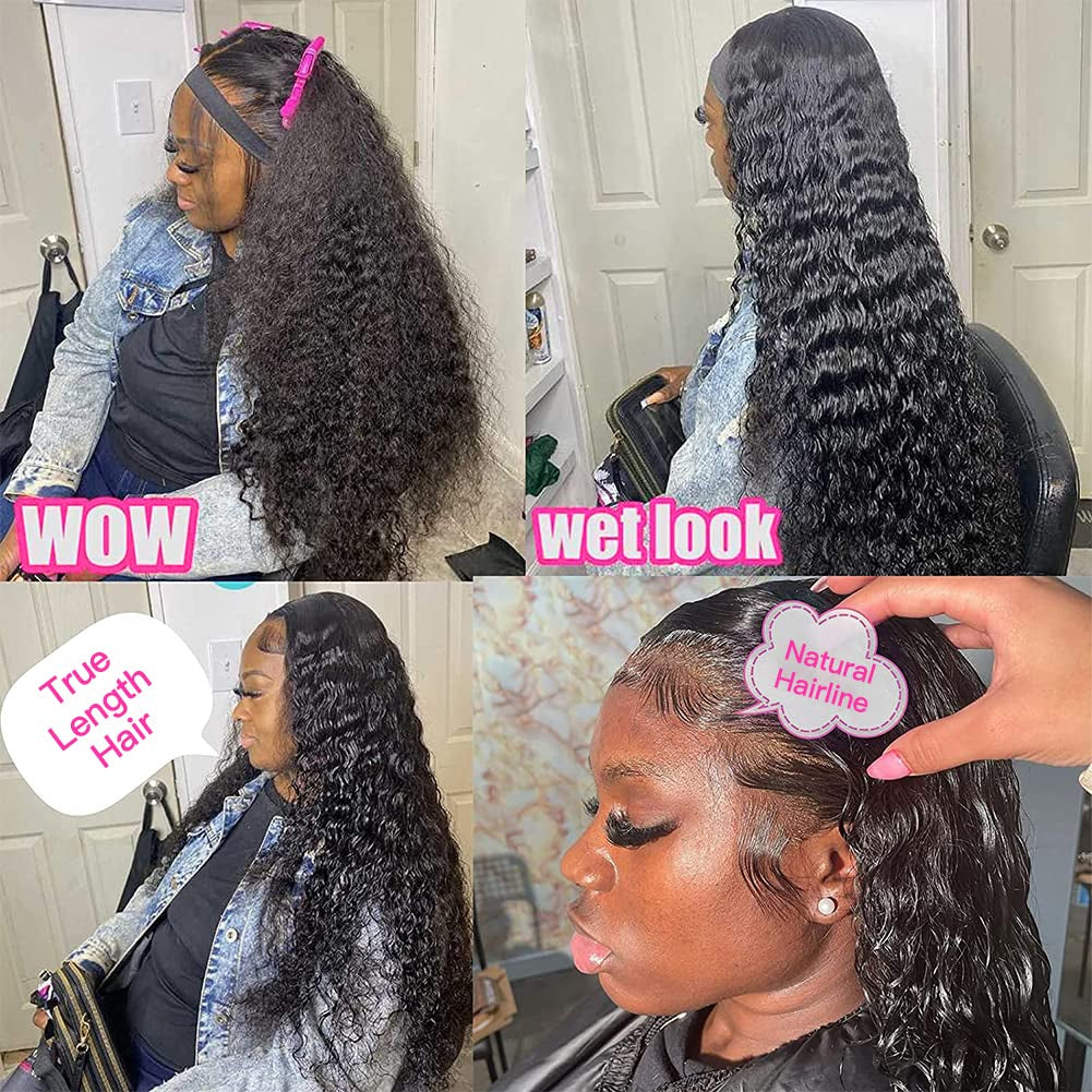 Lace Front Wigs Human Hair Water Wave Wigs for Black Women Human Hair 13X4 Lace Front Wigs Glueless Wigs Pre Plucked with Baby Hair HD Transparent Lace Frontal Wigs Wet and Wavy Brazilian Virgin Wigs Curly Lace Front Wig Natural Color 180% Density 28 Inch