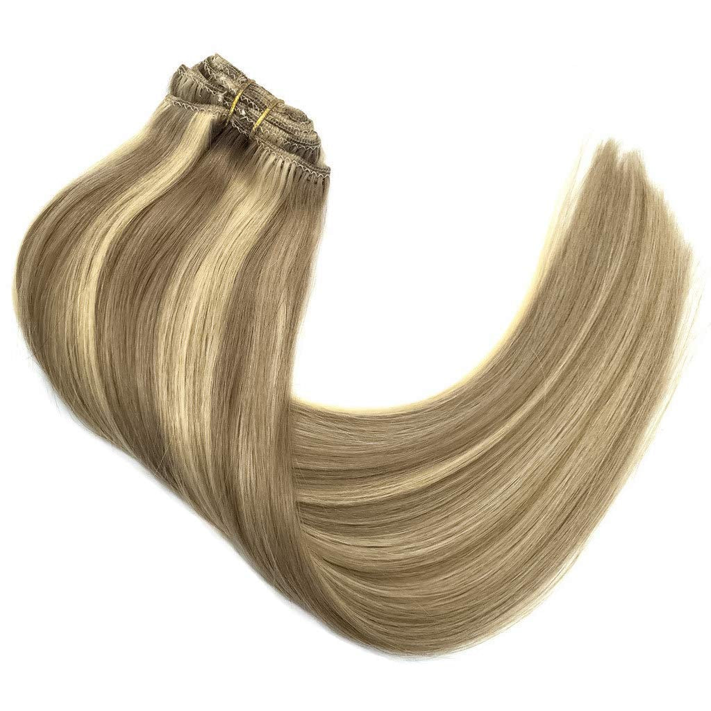 GOO GOO Clip-In Hair Extensions for Women, Soft & Natural, Handmade Real Human Hair Extensions,Light Blonde Highlighted Golden Blonde, Long, Straight #(P16/22) , 7Pcs 120G 18 Inches