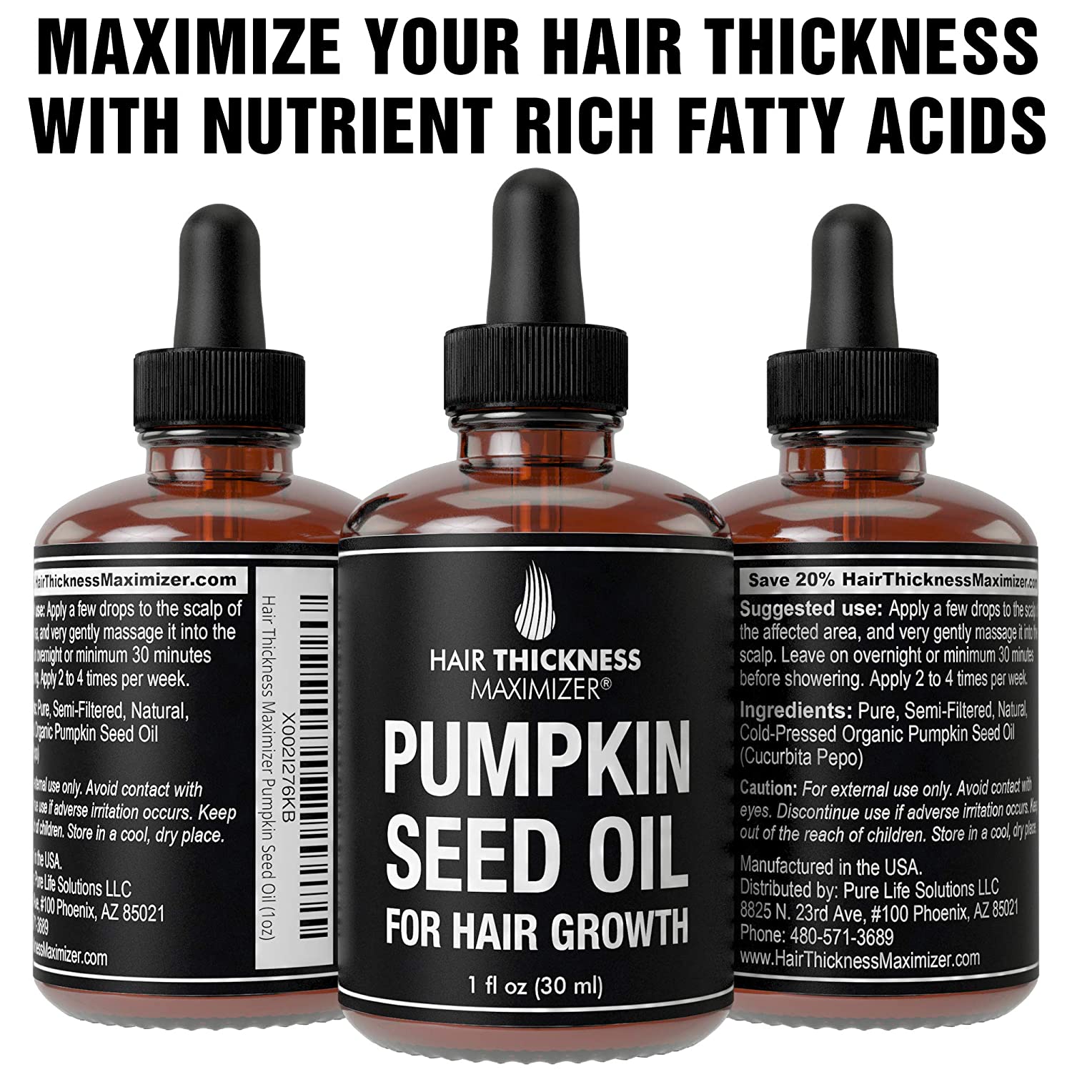 Organic Pumpkin Seed Oil For Hair Growth,Salon- Hair Thickness Maximizer. Pure, Cold Pressed, Vegan Pumpkin Seeds Extract to Stop Hair Loss For Men & Women. Hair Treatment Serum. Replenish Ha