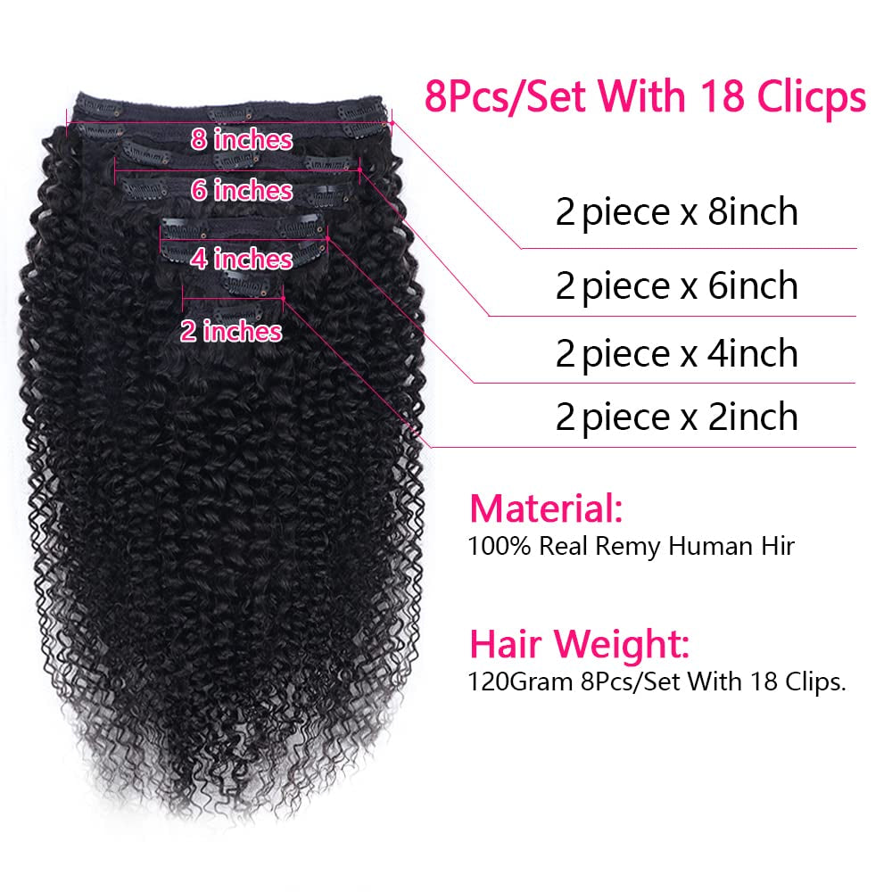 Cecycocy Kinky Curly Clip in Hair Extensions Human Hair for Black Women - 8Pcs 18Clips Double Weft Brazilian Remy Human Hair 3C 4A Clip in Extensions Thick to Ends 120G/4.2Oz Natural Black (24 Inch)