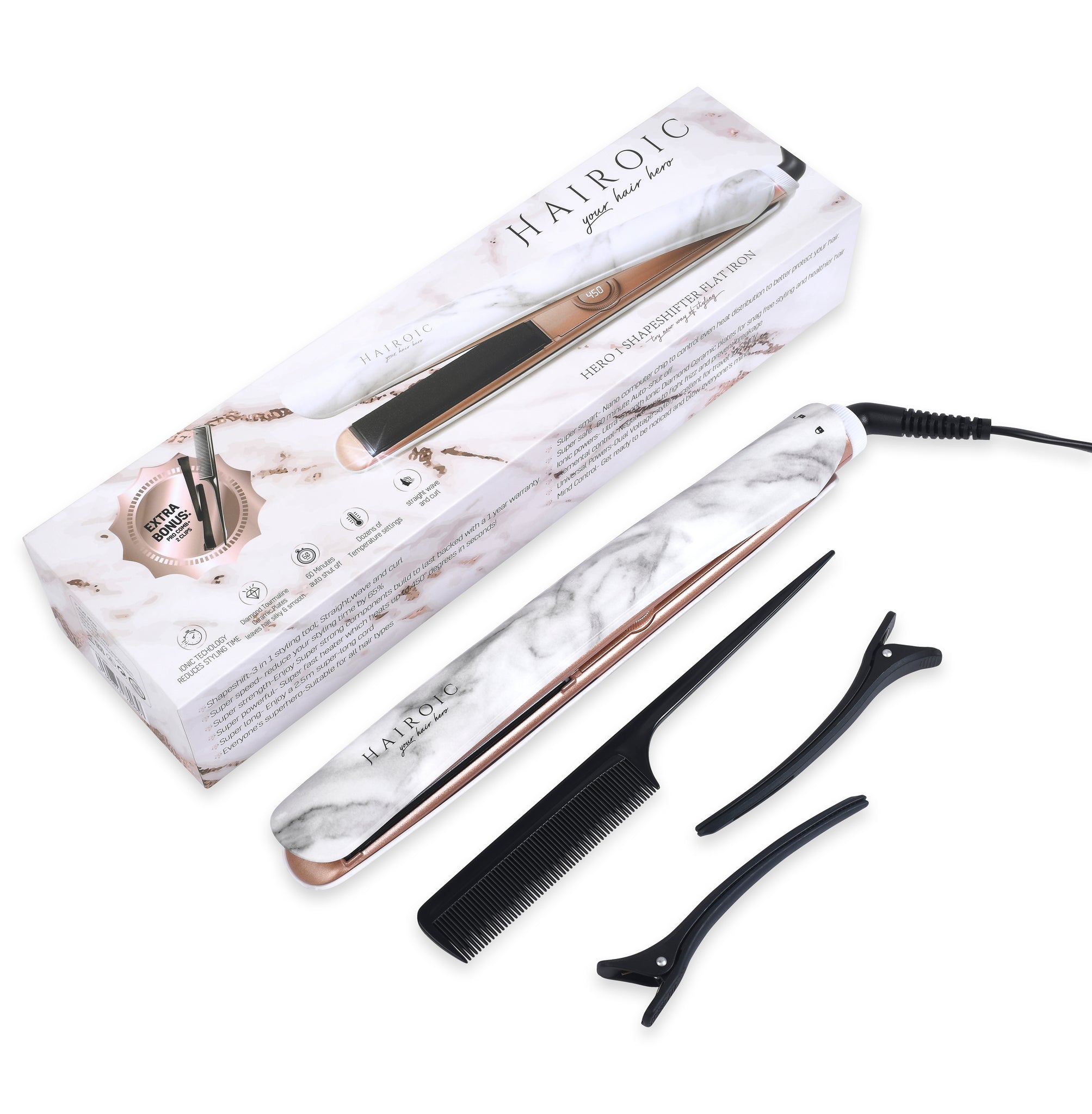 HAIROIC 3-in-1 Hair Straightener 1-inch Diamond Ceramic Plates (White Marble) - Brilliance New York Online