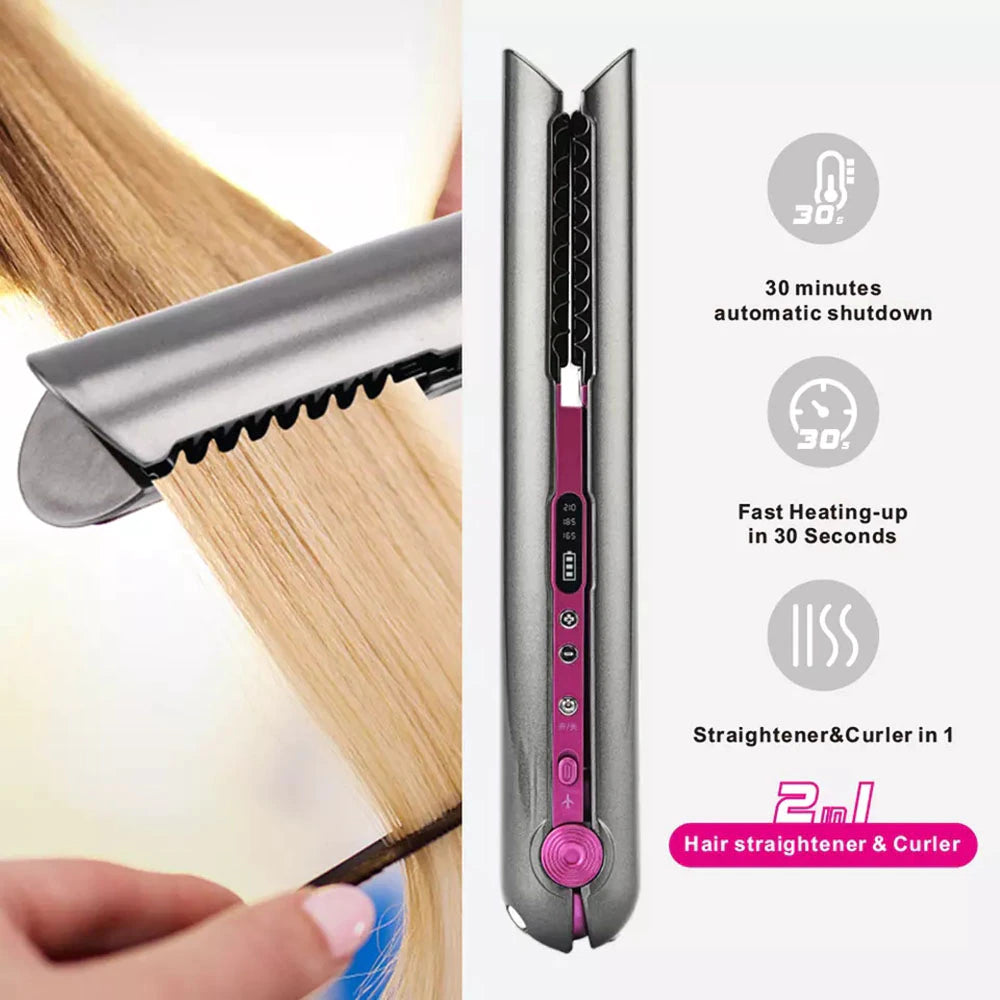 Wireless Hair Straightener with Charging Base Flat Iron Mini 2 in 1 Roller USB 4800Mah Portable Cordless Curler Dry and Wet Uses
