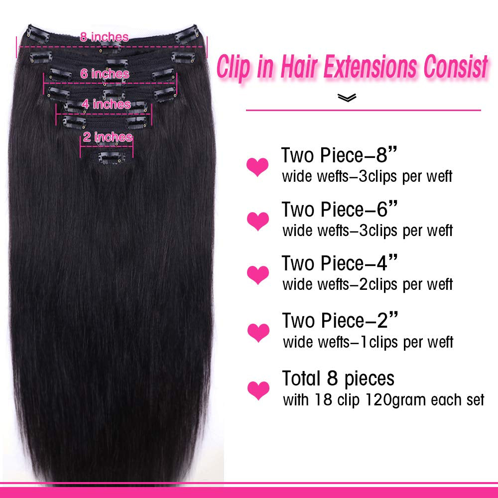 Straight Human Hair Clip in Hair Extensions for Black Women 100% Unprocessed Full Head Brazilian Virgin Hair Natural Black Color ,8/Pcs with 18Clips,120 Gram (22Inch, Straight Hair)