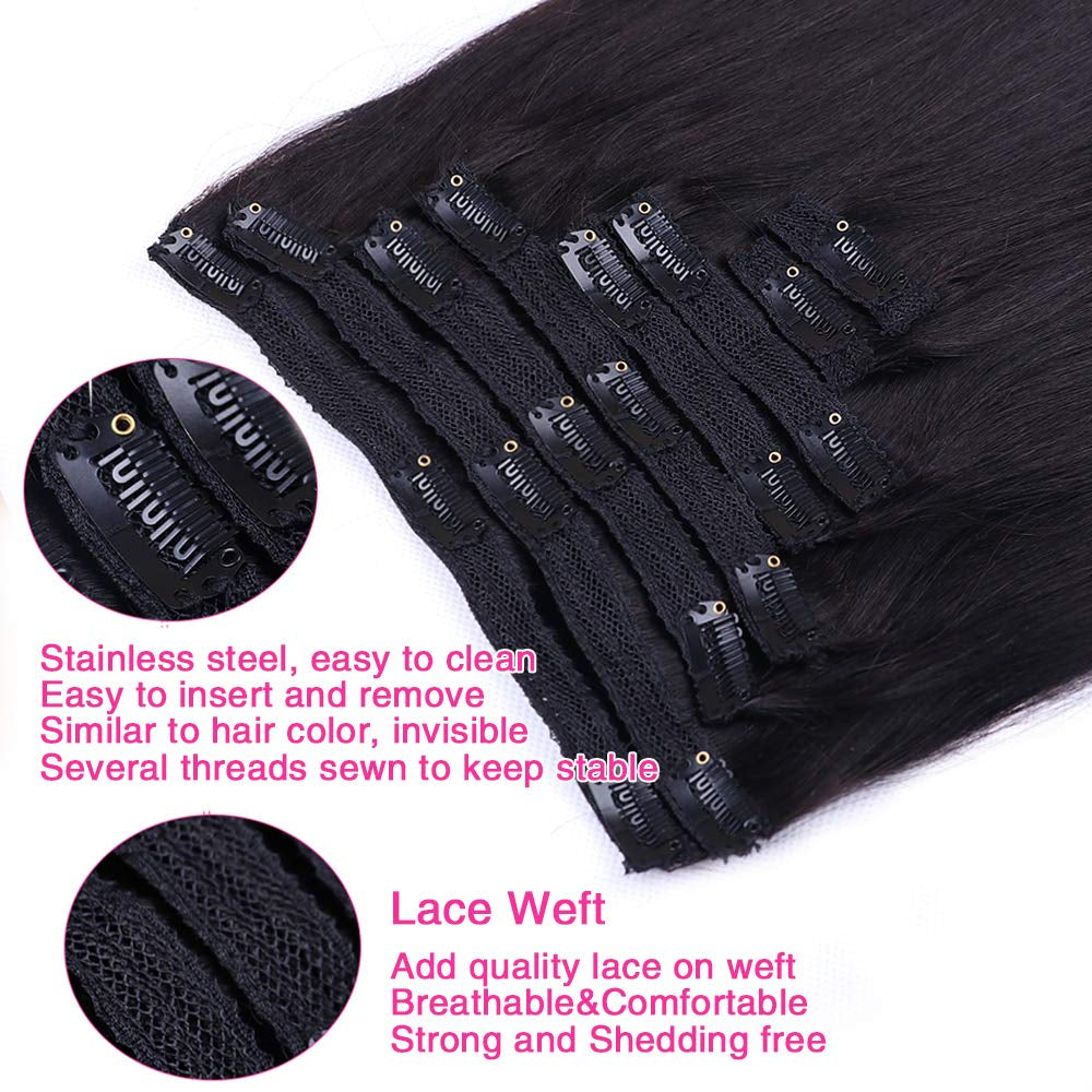 Straight Human Hair Clip in Hair Extensions for Black Women 100% Unprocessed Full Head Brazilian Virgin Hair Natural Black Color ,8/Pcs with 18Clips,120 Gram (22Inch, Straight Hair)