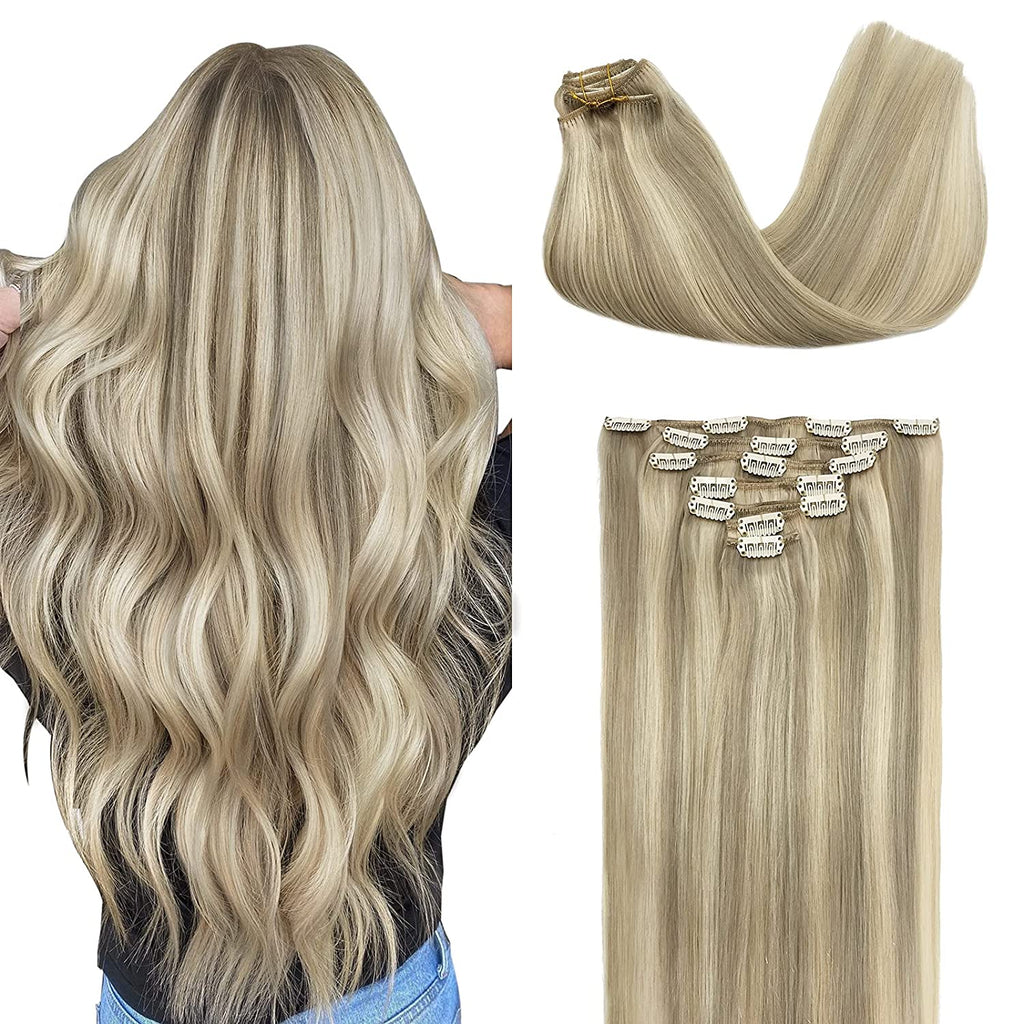 GOO GOO Hair Extensions, Clip in Hair Extensions Ash Blonde Highlighted Platinum Blonde 120G 7Pcs 14 Inch Remy Human Hair Extensions Straight Thick Natural Hair Extensions for Women