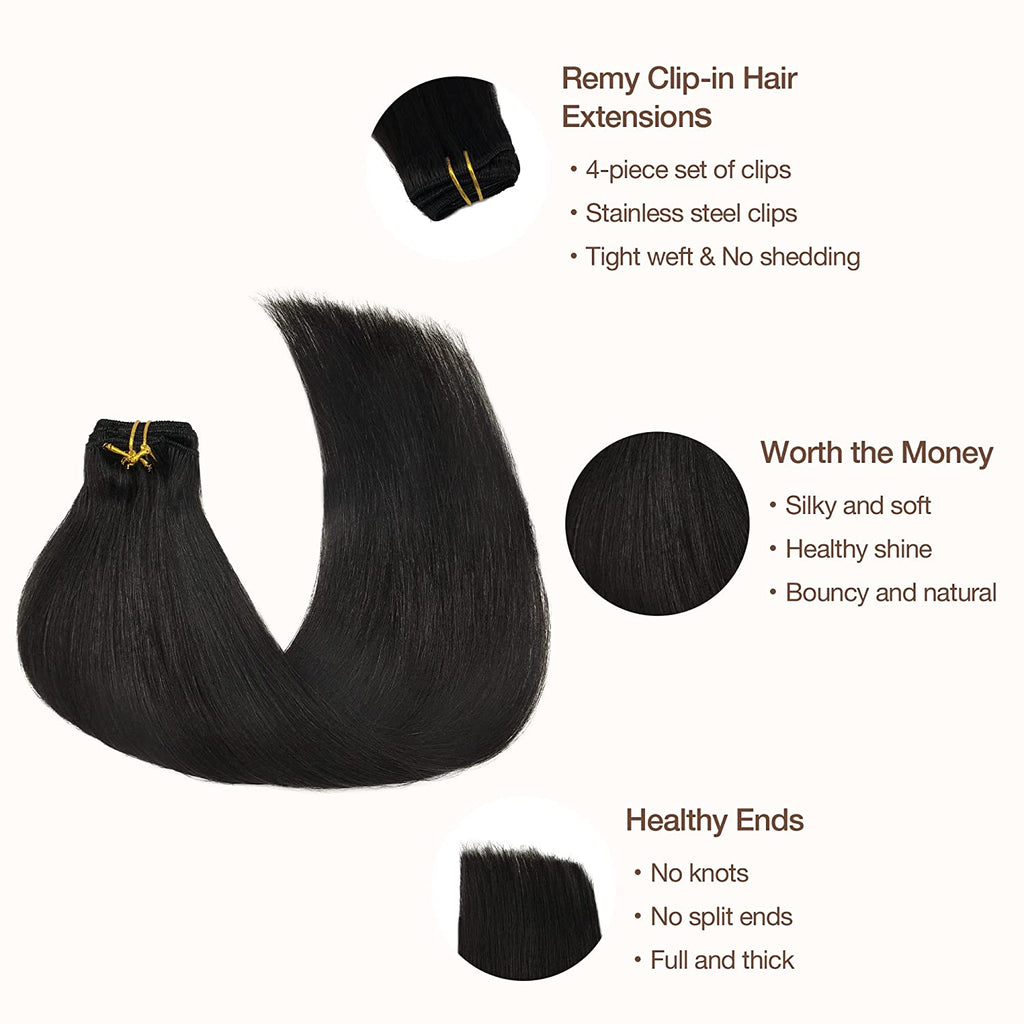 GOO GOO Hair Extensions Clip in Hair Extensions, 100% Real Human Hair, 65G 4Pcs Natural Silky Straight Hair Extensions, Long Hair for Women, Natural Black #1B 16Inch