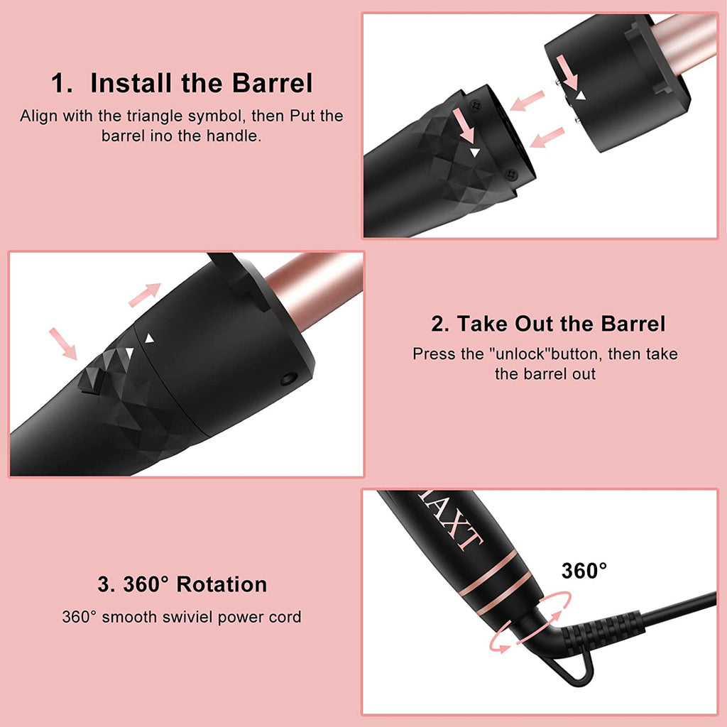 Curling Iron Set 5 in 1, Curling Wand Set Interchangeable Triple Barrel Curling Iron and Curling Brush Ceramic Barrel Wand Curling Iron(0.35”-1.25”) (Pink)