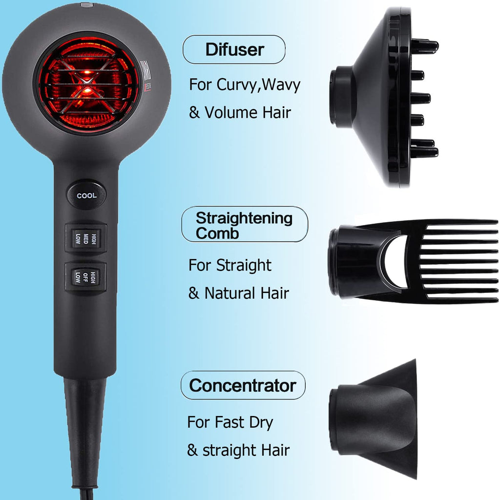 𝐈𝐧𝐟𝐫𝐚𝐫𝐞𝐝 𝐇𝐚𝐢𝐫 𝐃𝐫𝐲𝐞𝐫, Professional Salon Negative Ionic Blow Dryers for Fast Drying, Pro Ion Quiet Hairdryer with Diffuser & Concentrator & Comb