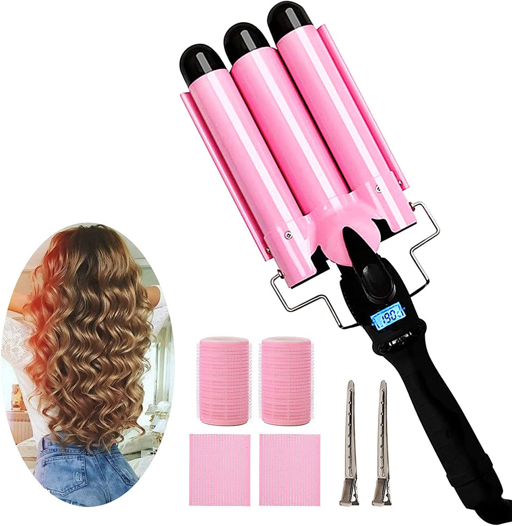 3 Barrel Curling Iron with LCD Temperature Display - 1 Inch Ceramic Tourmaline Triple Barrels, Ceramic Hair Crimper Hair Waver Hair Curlers Hair Curling Wand for Deep Waves Suit for All Style