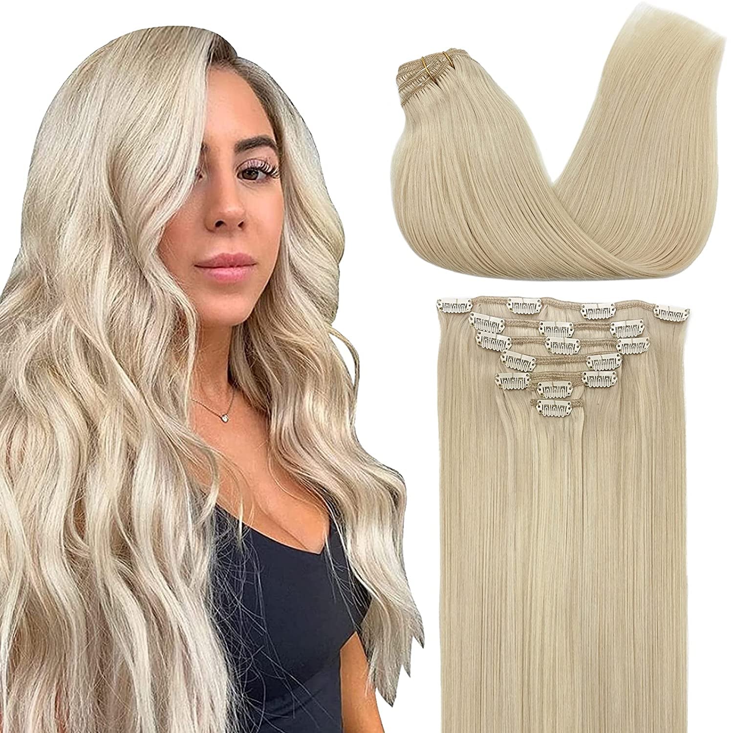 GOO GOO Clip-In Hair Extensions for Women, Soft & Natural, Handmade Real Human Hair Extensions, Platinum Blonde, Long, Straight #60A, 7Pcs 120G 20 Inches