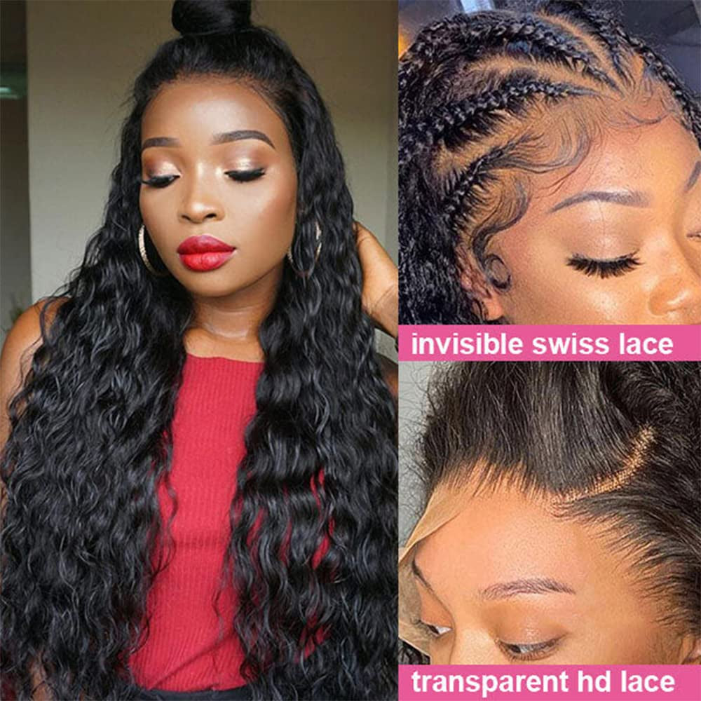 Maxine 34 Inch 13X4 HD Water Wave Lace Front Wigs Human Hair Wigs for Women 180% Density Transparent Lace Frontal Wigs Human Hair Pre Plucked with Baby Hair Brazilian Long Glueless Wigs Natural Color