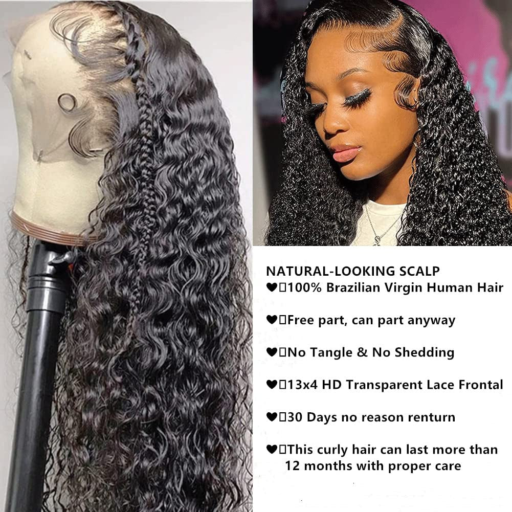 24 Inch Water Wave Transparent Lace Front Wigs Human Hair Wigs for Black Women 13X4 Water Wave Frontal Wig Brazilian Virgin Human Hair Wet and Wavy Lace Front Wigs Human Hair 180 Density Natural Color