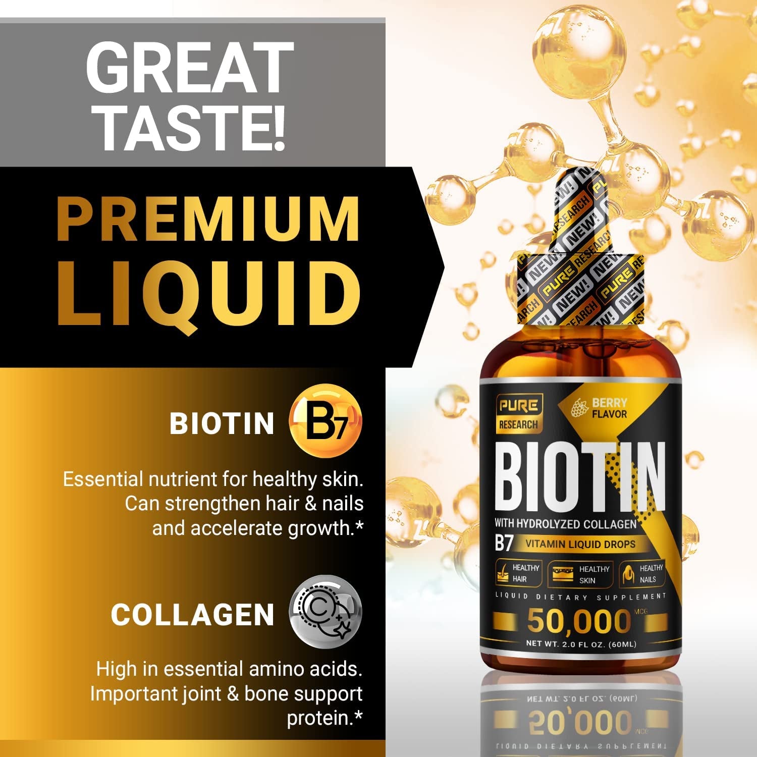 Liquid Biotin & Collagen Hair Growth Drops 50,000Mcg – Biotin and Liquid Collagen Supplements for Women & Men – Supports Glowing Skin, Healthy Hair & Nail Growth (2Fl Oz)