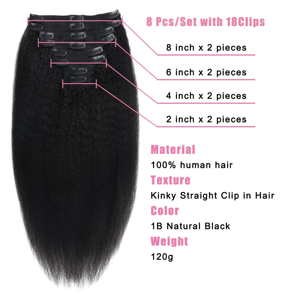 Tahikie Kinky Straight Clip in Hair Extensions Real Human Hair Clip Ins Full Head for Black Women Brazilian Remy Yaki Human Hair Natural Black Color 8 Pcs 18 Clips 120 G(16 Inch, Kinky Straight)