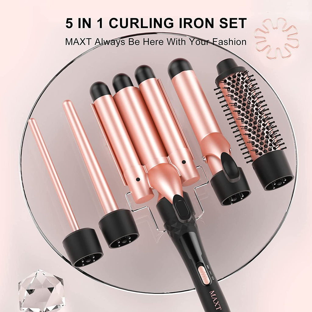 Curling Iron Set 5 in 1, Curling Wand Set Interchangeable Triple Barrel Curling Iron and Curling Brush Ceramic Barrel Wand Curling Iron(0.35”-1.25”) (Pink)