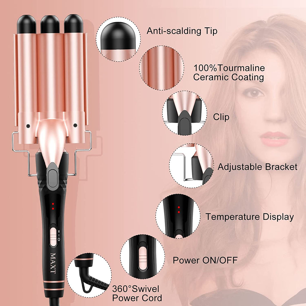 Curling Iron Set 5 in 1, Curling Wand Set Interchangeable Triple Barrel Curling Iron and Curling Brush Ceramic Barrel Wand Curling Iron(0.35”-1.25”) (Pink)