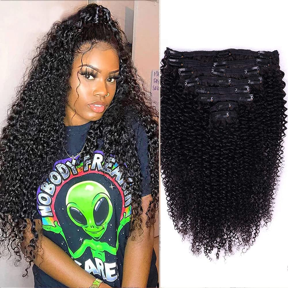 Cecycocy Kinky Curly Clip in Hair Extensions Human Hair for Black Women - 8Pcs 18Clips Double Weft Brazilian Remy Human Hair 3C 4A Clip in Extensions Thick to Ends 120G/4.2Oz Natural Black (24 Inch)