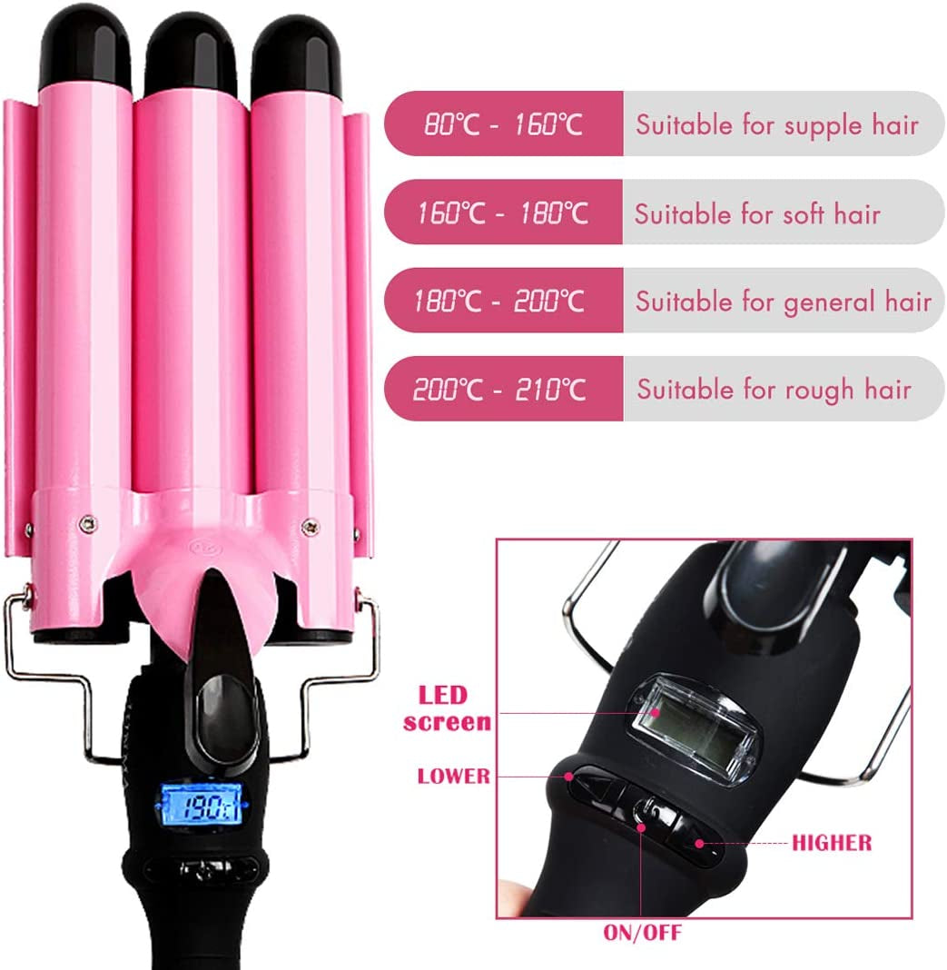 3 Barrel Curling Iron with LCD Temperature Display - 1 Inch Ceramic Tourmaline Triple Barrels, Ceramic Hair Crimper Hair Waver Hair Curlers Hair Curling Wand for Deep Waves Suit for All Style