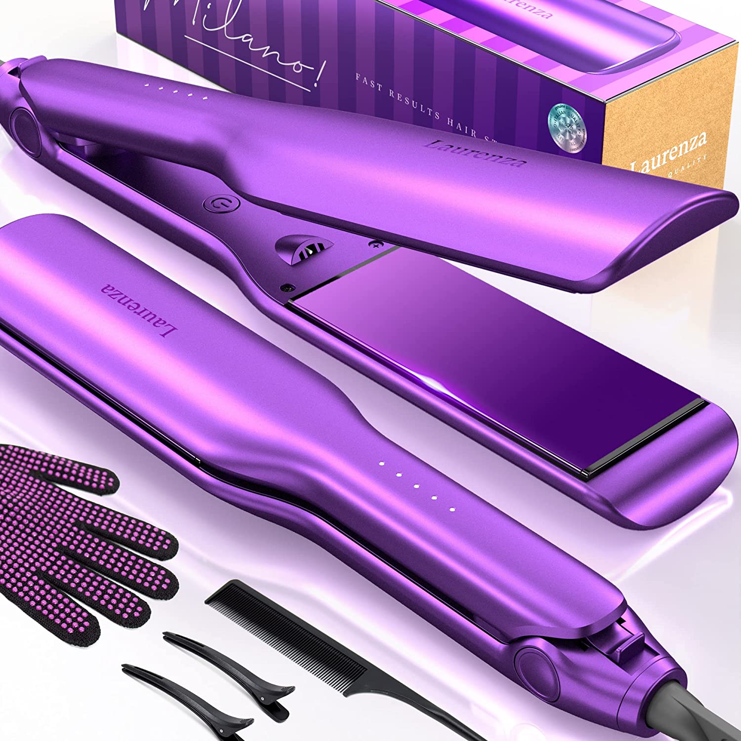 Supermax Wide Ceramic Flat Iron For Curly Thick or Long Hair Purple
