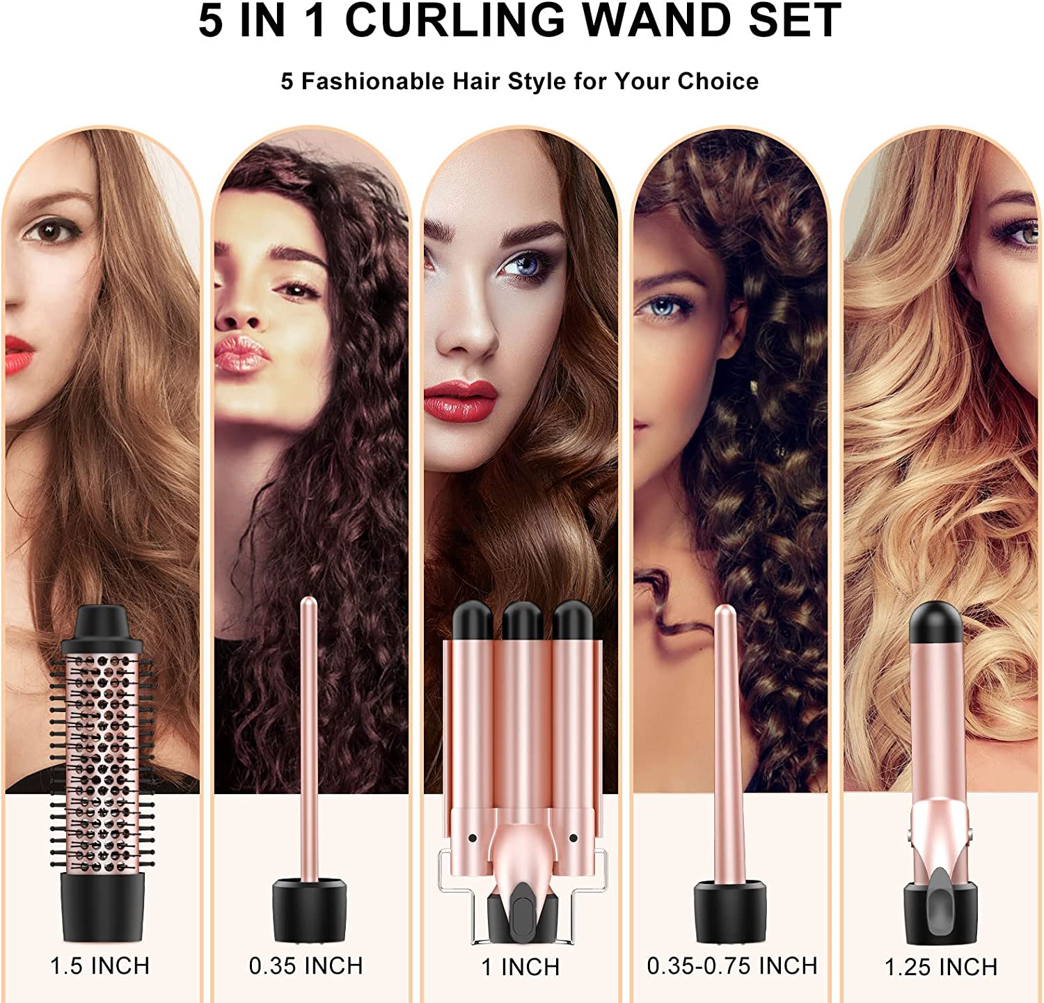 Curling Iron Set 5 in 1, Curling Wand Set Interchangeable Triple Barrel Curling Iron and Curling Brush Ceramic Barrel Wand Curling Iron(0.35”-1.25”) (Pink)
