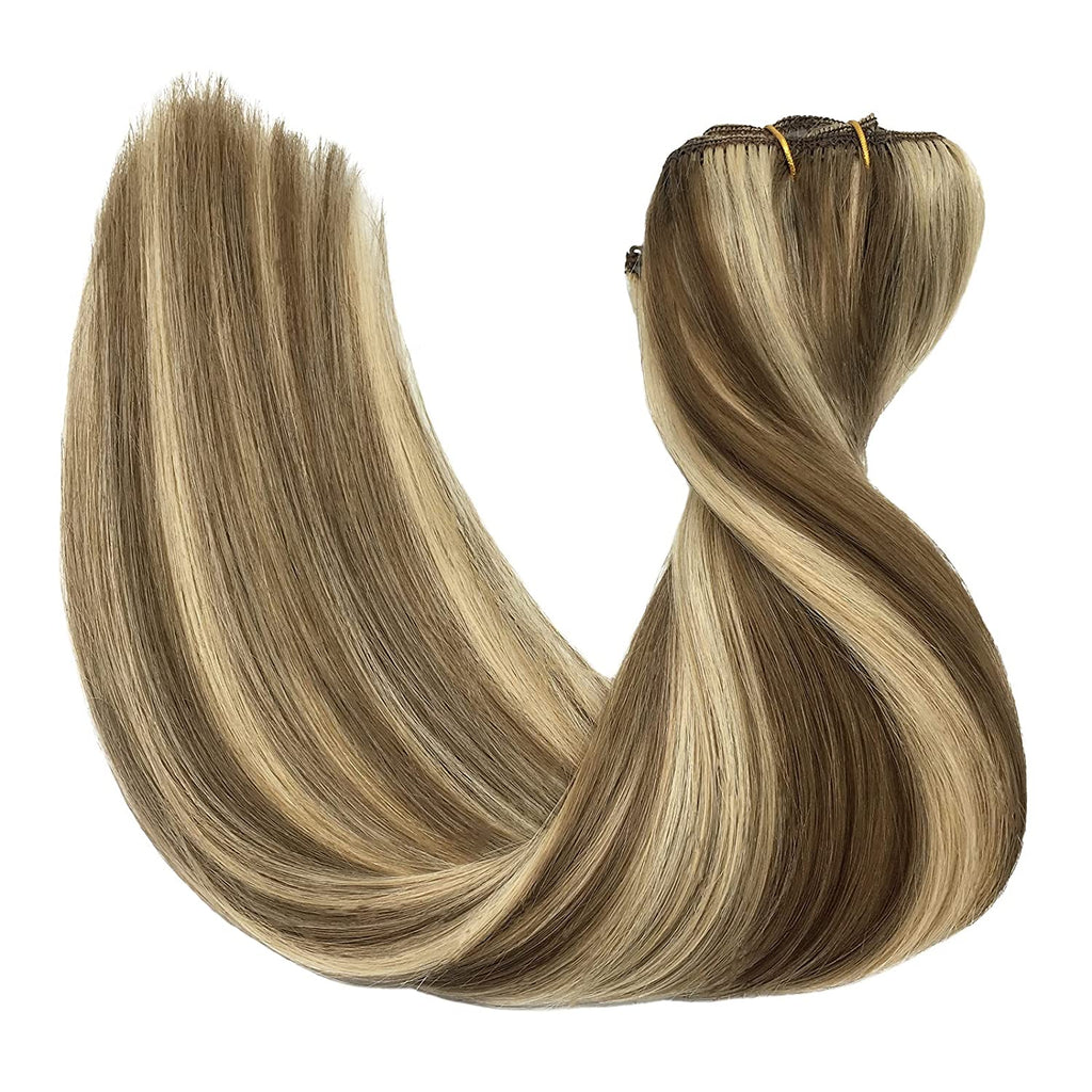 GOO GOO Hair Extensions 7Pcs 120G 20 Inch Medium Brown Highlighted Golden Blonde Clip in Hair Extensions Real Human Hair Natural Hair Clip in Extensions Straight Hair Extensions
