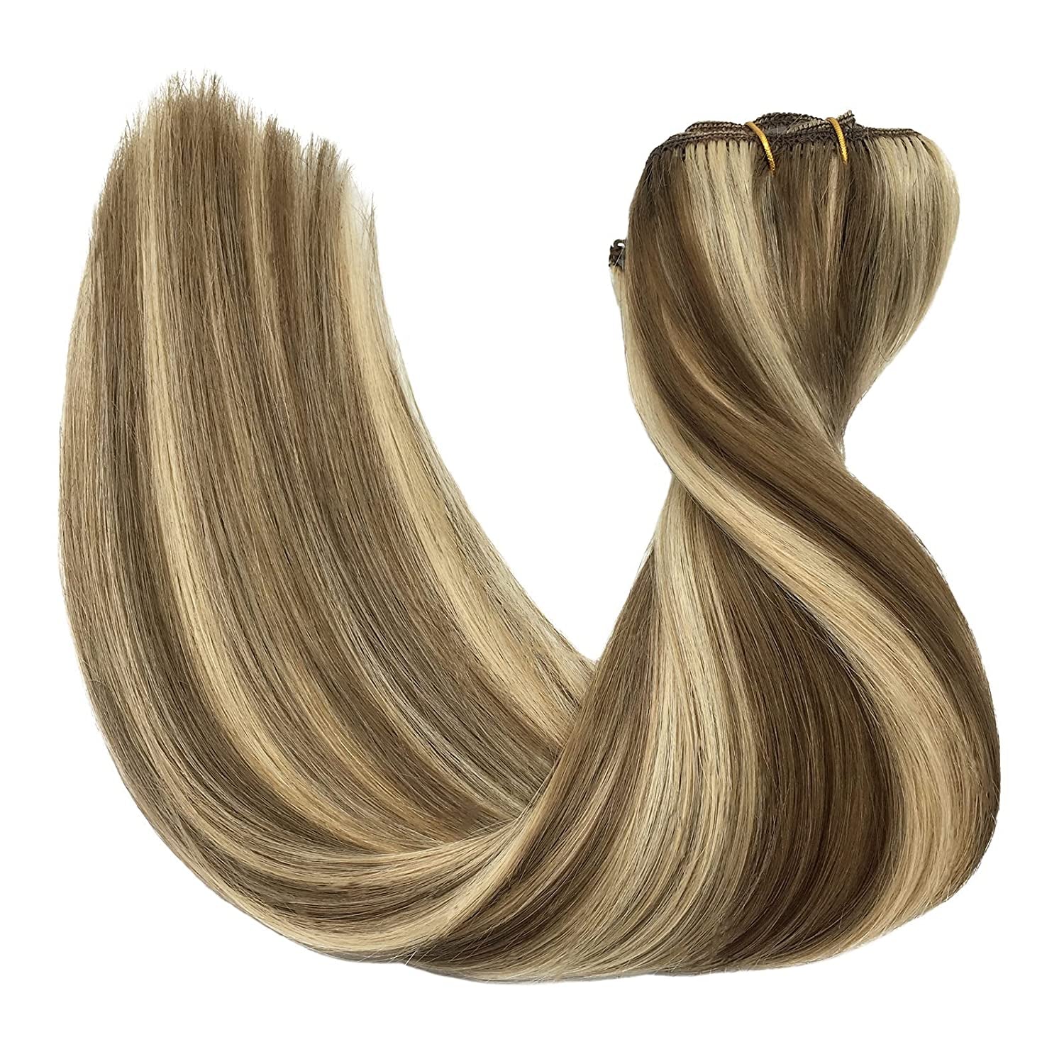 Hair Extensions 120G 20 Inch Medium Brown Highlighted Golden Blonde in Extensions Real Human Hair Natural Hair Clip in Straight Hair Extensions