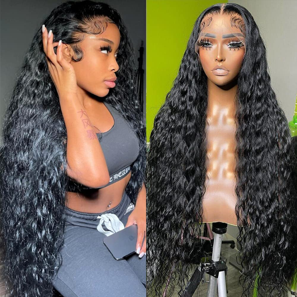 Maxine 34 Inch 13X4 HD Water Wave Lace Front Wigs Human Hair Wigs for Women 180% Density Transparent Lace Frontal Wigs Human Hair Pre Plucked with Baby Hair Brazilian Long Glueless Wigs Natural Color