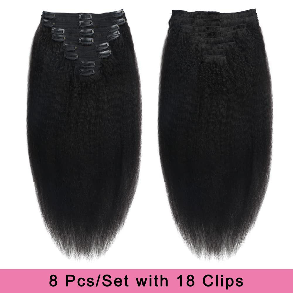 Tahikie Kinky Straight Clip in Hair Extensions Real Human Hair Clip Ins Full Head for Black Women Brazilian Remy Yaki Human Hair Natural Black Color 8 Pcs 18 Clips 120 G(16 Inch, Kinky Straight)