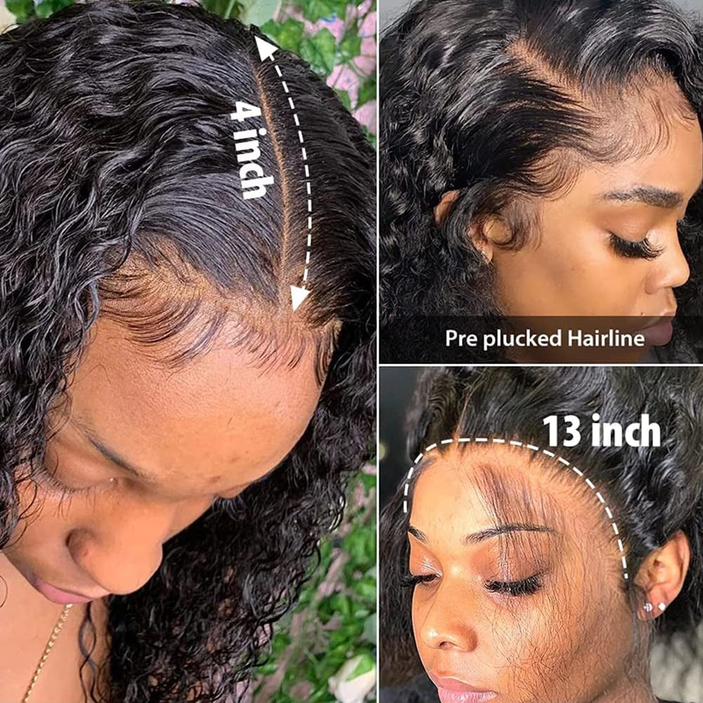 Lace Front Wigs Human Hair Water Wave Wigs for Black Women Human Hair 13X4 Lace Front Wigs Glueless Wigs Pre Plucked with Baby Hair HD Transparent Lace Frontal Wigs Wet and Wavy Brazilian Virgin Wigs Curly Lace Front Wig Natural Color 180% Density 28 Inch