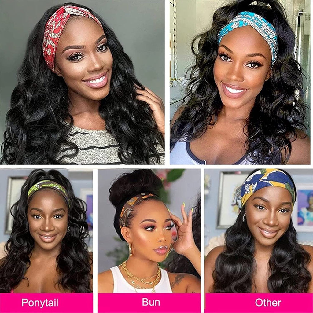 Catti Headband Wigs for Black Women Body Wave Headband Wig Human Hair Wigs Brazilian Virgin Hair Machine Made Wigs Headband Wig 150% Density (18" Headband Wigs)