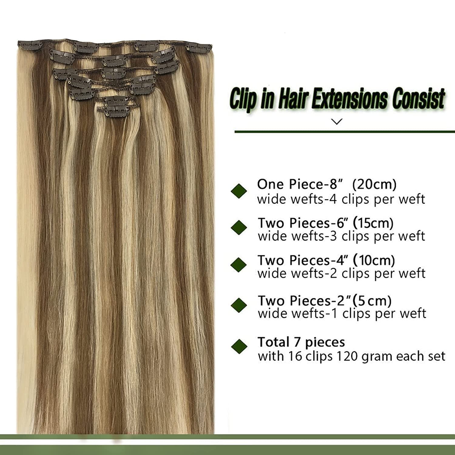 GOO GOO Hair Extensions 7Pcs 120G 20 Inch Medium Brown Highlighted Golden Blonde Clip in Hair Extensions Real Human Hair Natural Hair Clip in Extensions Straight Hair Extensions
