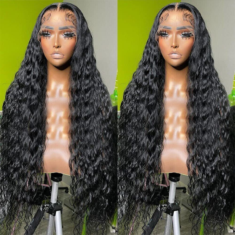 Maxine 34 Inch 13X4 HD Water Wave Lace Front Wigs Human Hair Wigs for Women 180% Density Transparent Lace Frontal Wigs Human Hair Pre Plucked with Baby Hair Brazilian Long Glueless Wigs Natural Color